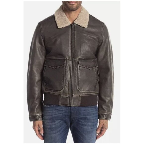 Lucky Brand Mens Brown Faux Leather Faux Fur Collar Jacket Zip‎ SZ L - Picture 1 of 9